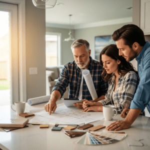 Contractor meeting with homeowners reviewing blueprints and discussing home remodel planning questions in Fort Worth Texas