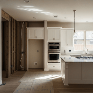 Kitchen home remodel in progress showing rough framing transitioning to finished cabinets and countertops in a Fort Worth Texas home