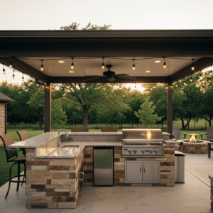 Custom outdoor kitchen with granite countertops and built-in grill under a covered patio in Azle Texas backyard
