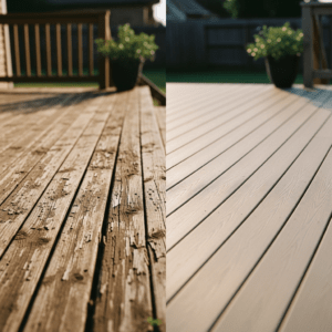Weathered wood deck compared to a new composite TimberTech deck showing the upgrade difference in a Fort Worth Texas backyard
