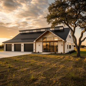 Exterior of a custom-built barndominium in North Texas with metal roof, black-framed windows, and three-bay garage at golden hour