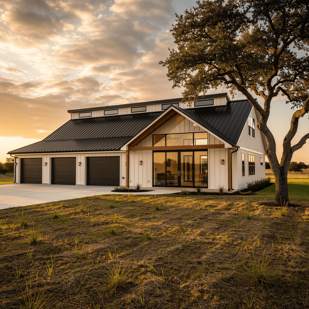 Exterior of a custom-built barndominium in North Texas with metal roof, black-framed windows, and three-bay garage at golden hour