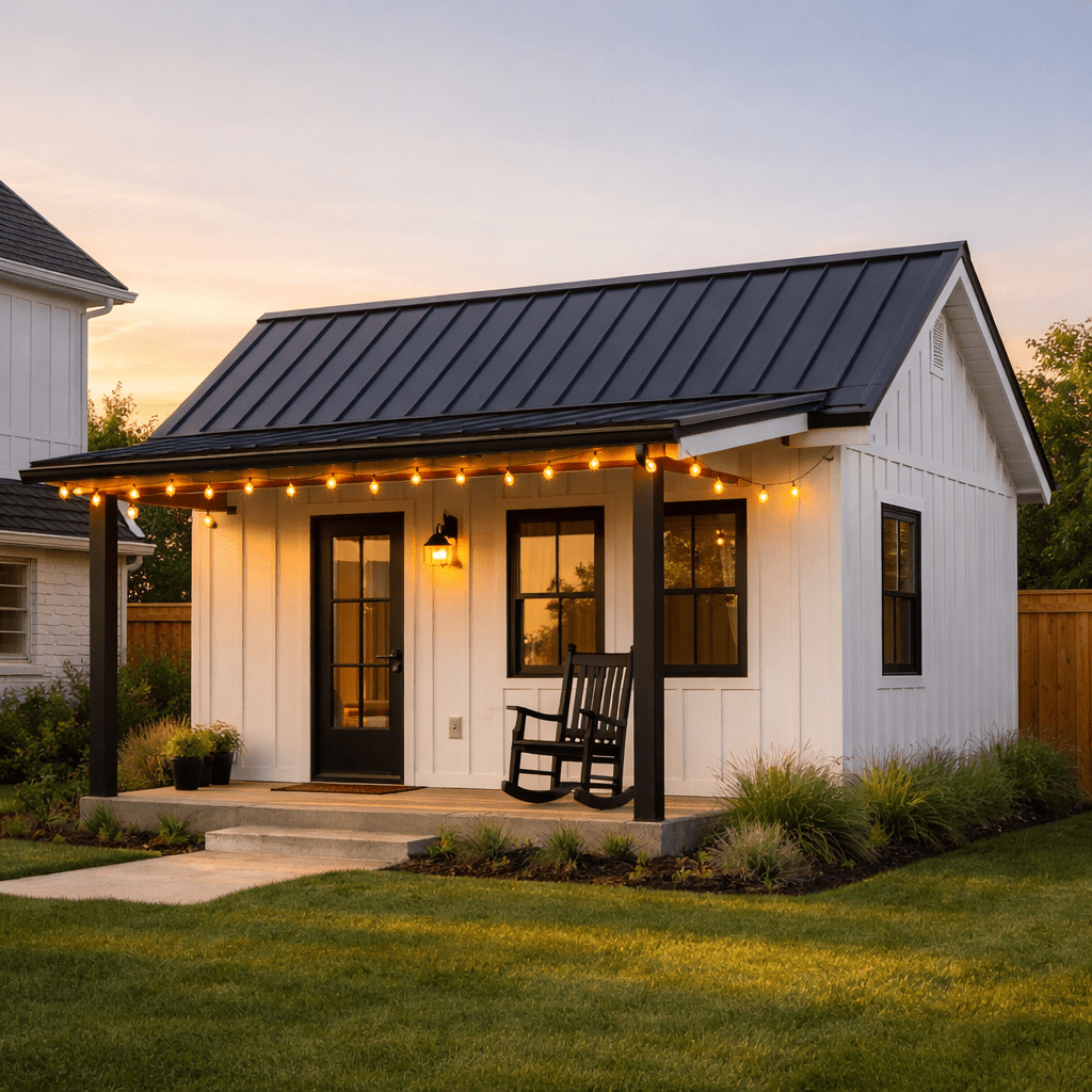 Detached backyard guest house in Fort Worth TX area with white board-and-batten siding, metal roof, covered porch, and string lights at golden hour