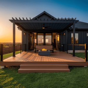 Custom composite TimberTech deck with cable railing, built-in bench, and fire pit table on a Fort Worth TX area home at golden hour. Deck Builder Forth Worth TX