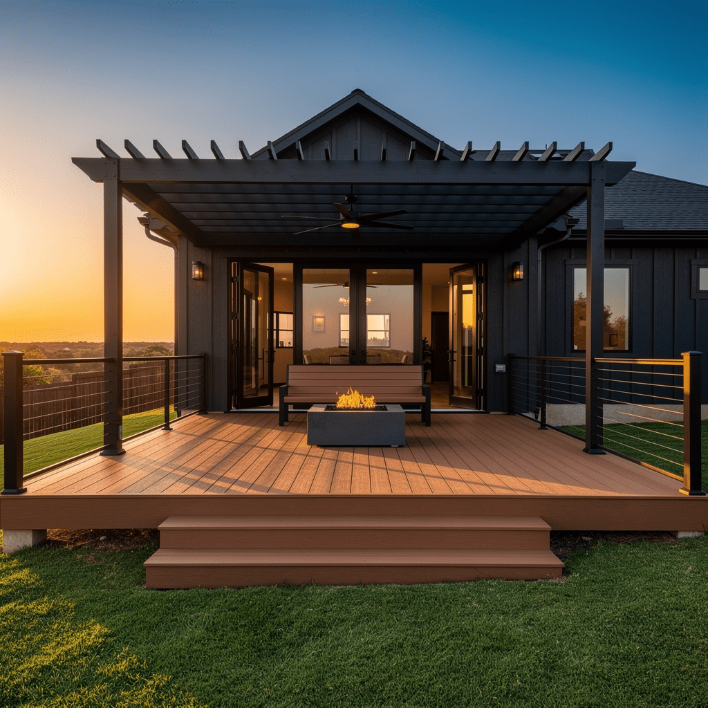 Custom composite TimberTech deck with cable railing, built-in bench, and fire pit table on a Fort Worth TX area home at golden hour. Deck Builder Forth Worth TX