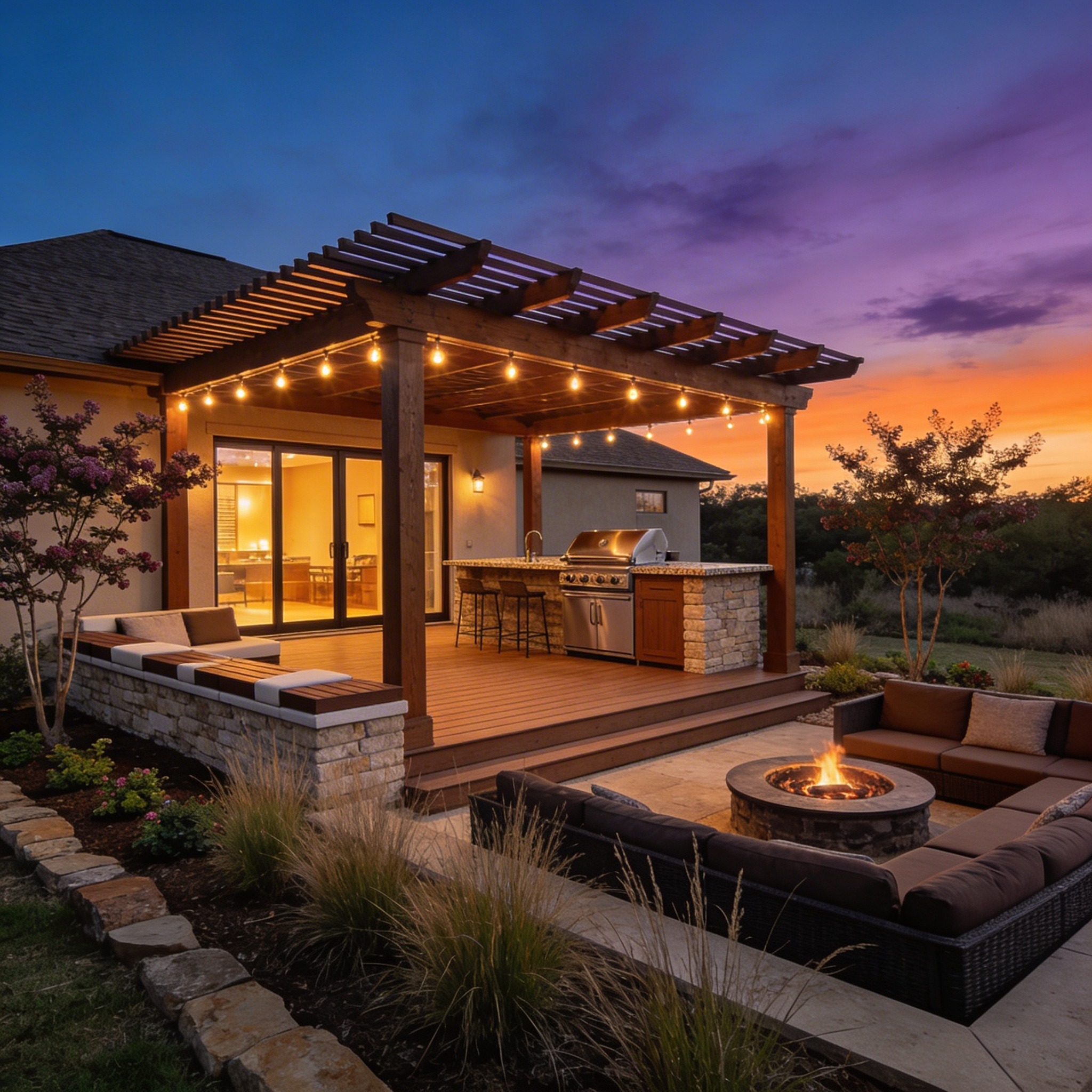 Complete outdoor living space in Fort Worth TX at dusk with composite deck, louvered pergola, outdoor kitchen, fire pit, and Edison lights