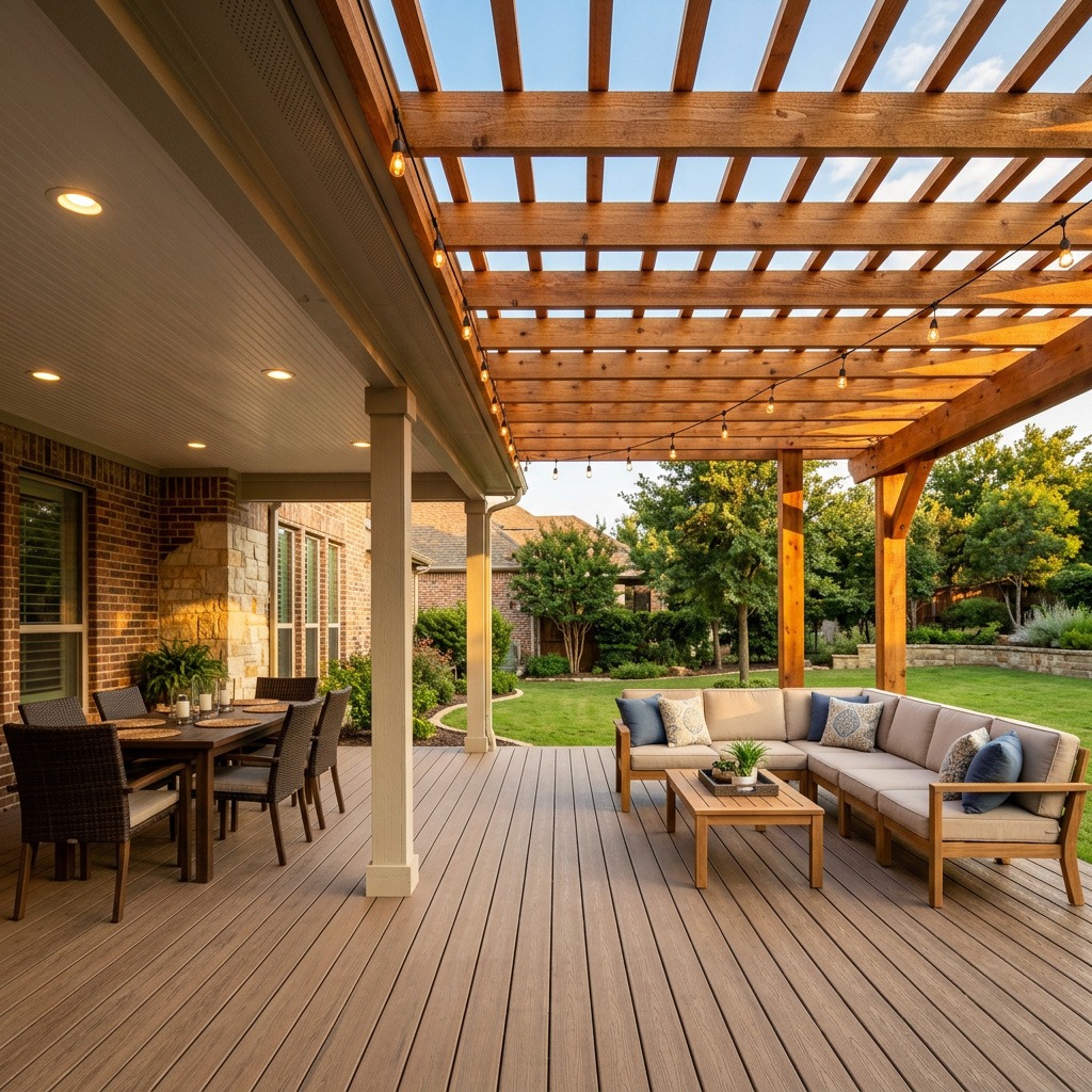 nfographic comparing covered patio versus open pergola for Fort Worth TX homeowners by rain protection, summer shade, airflow, cost, and maintenance