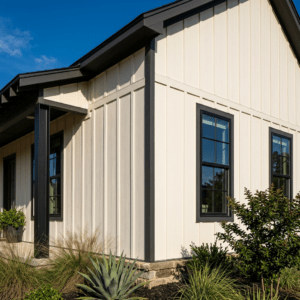 New fiber cement board-and-batten siding installed on a North Texas home exterior with black-framed windows and covered front porch in Fort Worth area compared to vinyl siding