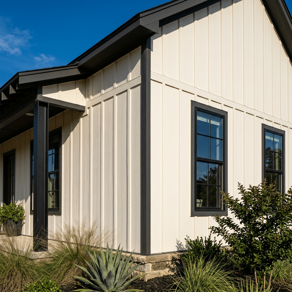 New fiber cement board-and-batten siding installed on a North Texas home exterior with black-framed windows and covered front porch in Fort Worth area compared to vinyl siding