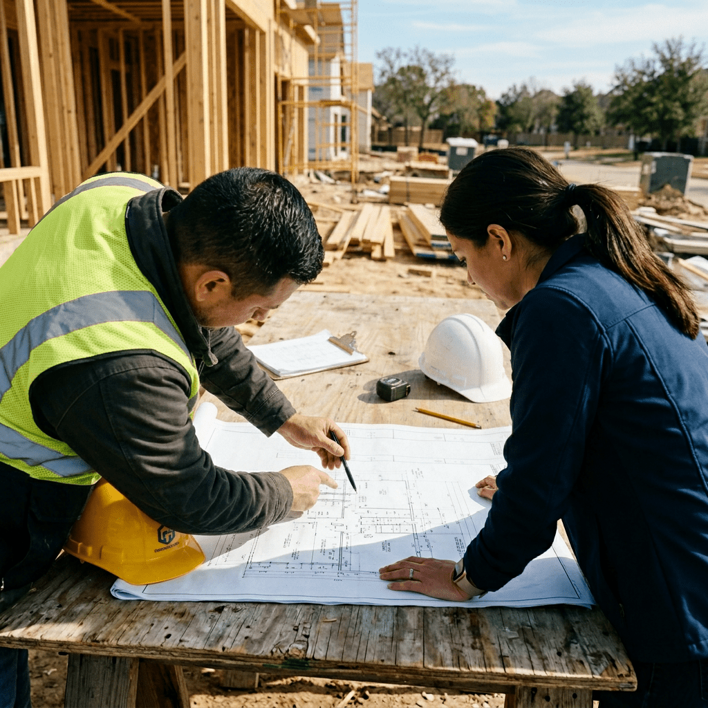 General contractor forth worth tx and homeowner reviewing construction blueprints at a job site in Fort Worth TX area with wood-framed walls in background
